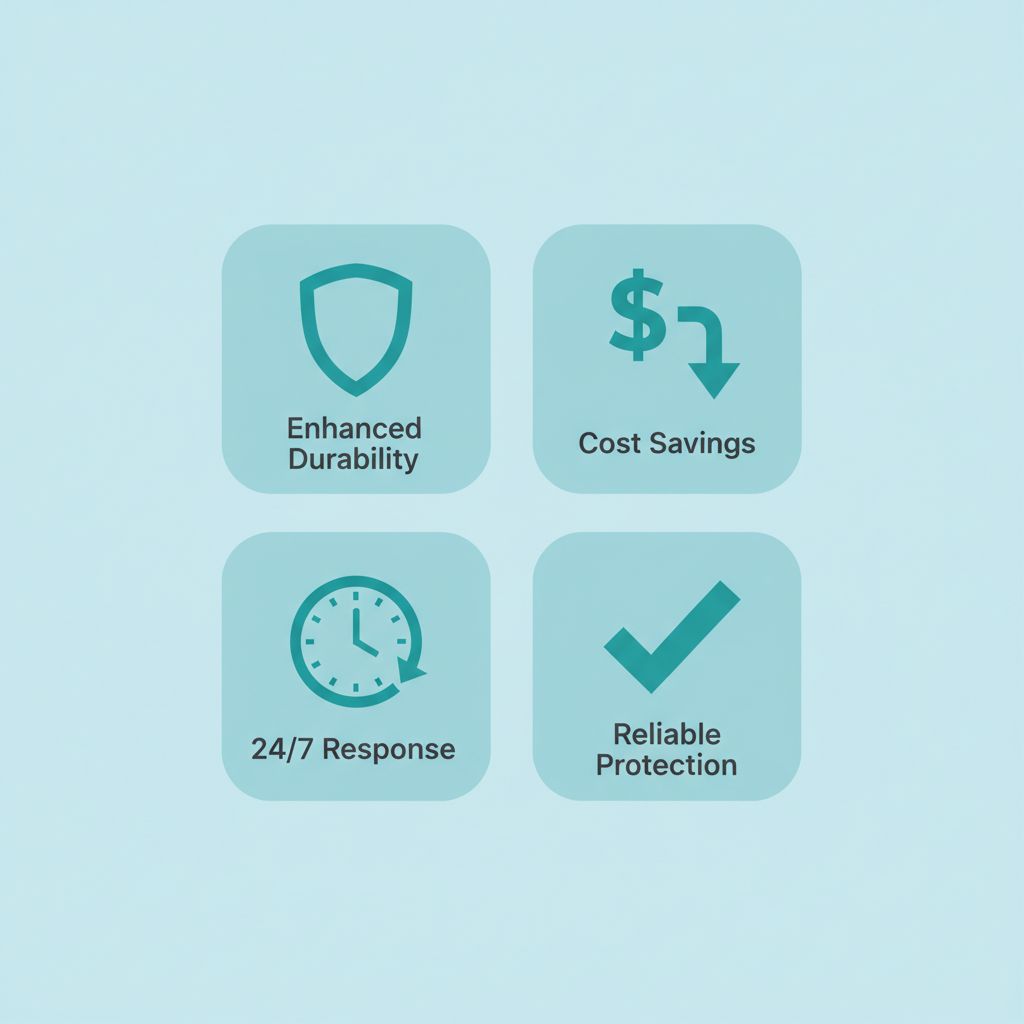 Grid of four icons illustrating benefits of professional roofing: durability shield, cost savings dollar, emergency clock, protection checkmark