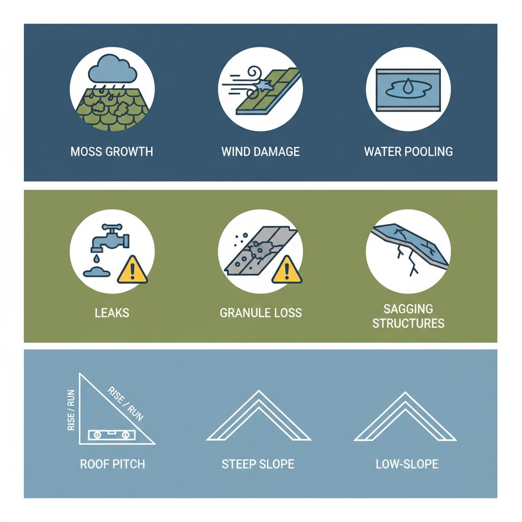 Infographic showing common roofing challenges, assessment signs, and roof pitch measurement in Surrey, BC, using green and blue tones.
