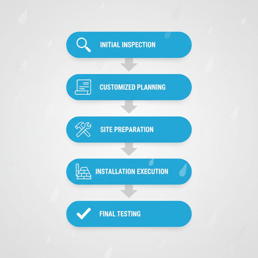 Vertical process flow diagram of five stages in roofing services: inspection, planning, preparation, installation, and testing.