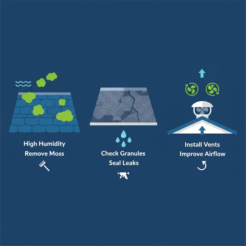 Infographic depicting moss growth, roof leaks, and ventilation issues in Delta's rainy climate with icons and brief solution labels