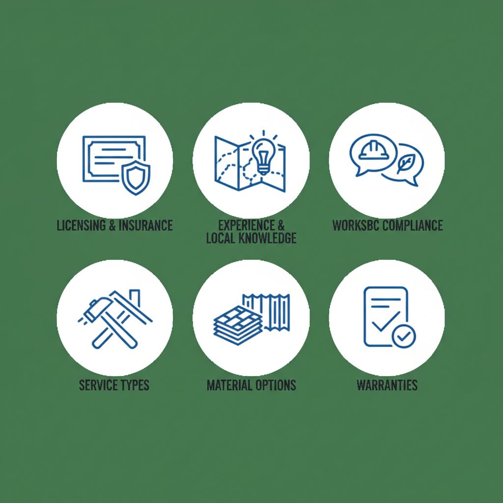 Icon grid illustrating key factors to consider when hiring roofing companies in Burnaby, including licensing, experience, services, materials, and warranties.