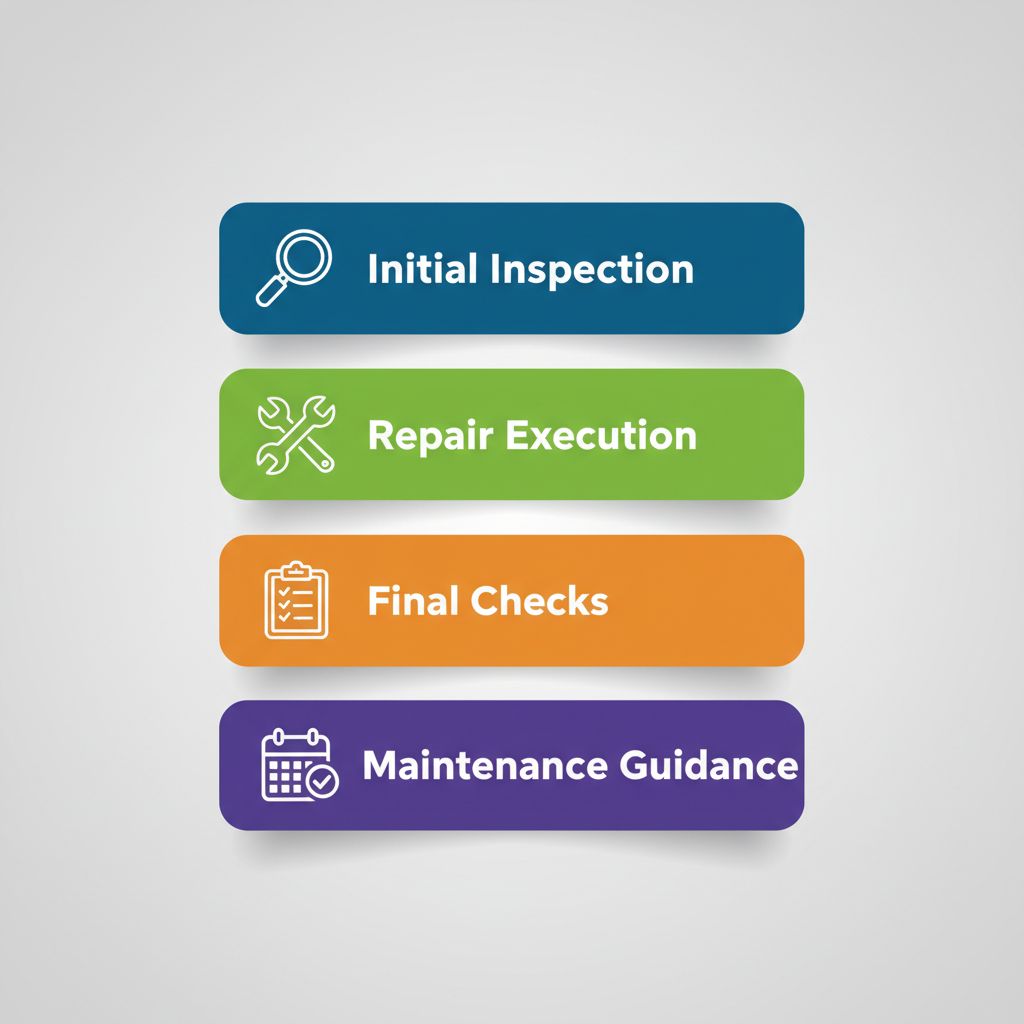 Vertical process flow illustrating four key stages of roofing: initial inspection, repair execution, final checks, and maintenance guidance with icons and colored boxes.