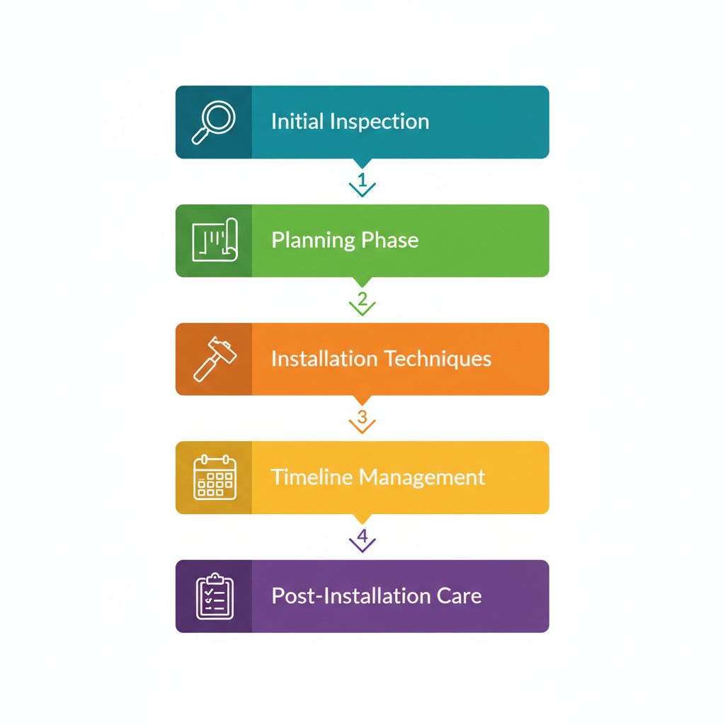 Vertical process flow diagram showing five key stages of roofing in White Rock with icons and arrows