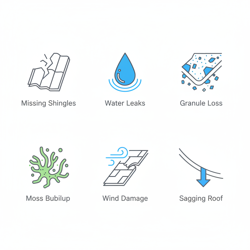 Icons depicting common roof damage signs: missing shingles, leaks, granule loss, moss buildup, wind damage, and sagging structure.