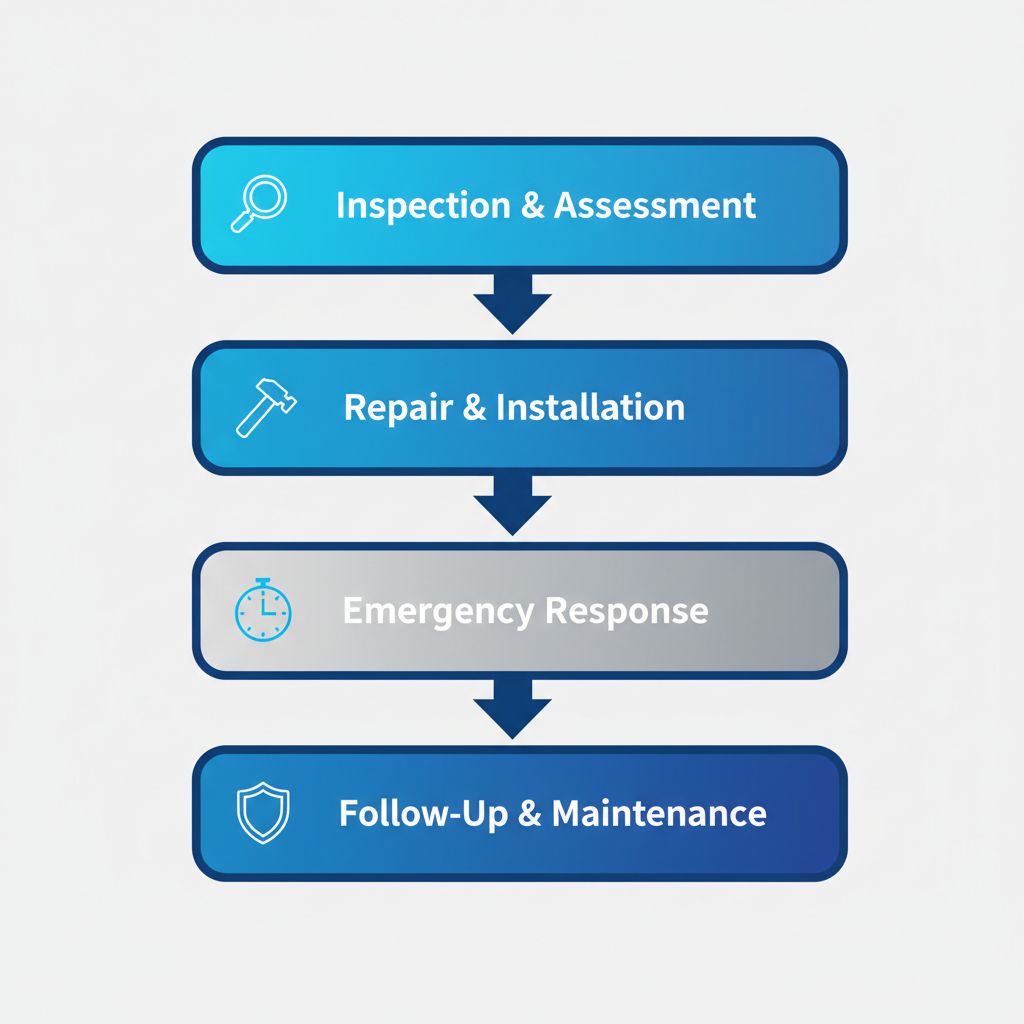 Vertical process flow diagram illustrating the four key stages of roofing services in Vancouver with icons and minimal labels.