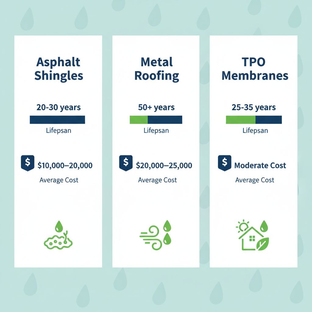 Infographic comparing Asphalt Shingles, Metal Roofing, and TPO Membranes for Vancouver's climate with lifespans, costs, and weather icons.