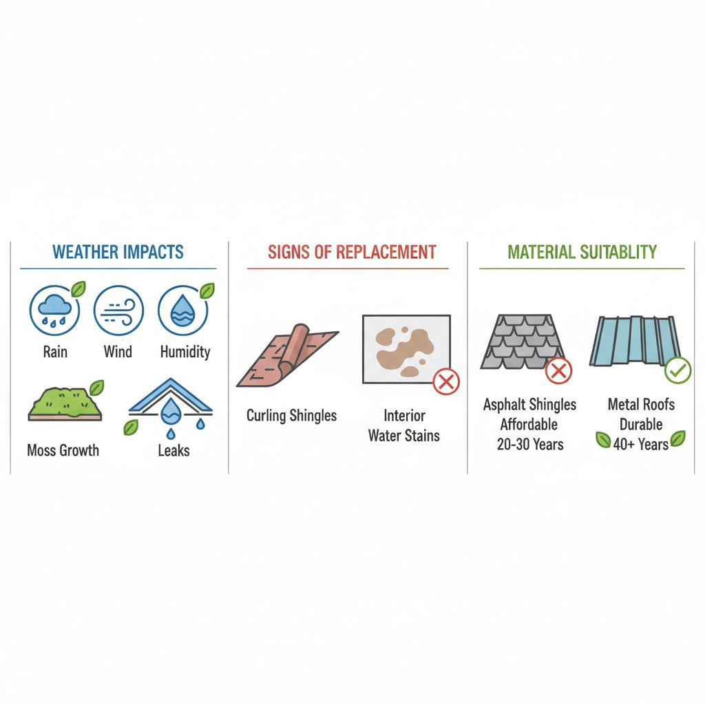 Infographic showing weather impacts, replacement signs, and roofing material comparisons for Vancouver's climate.