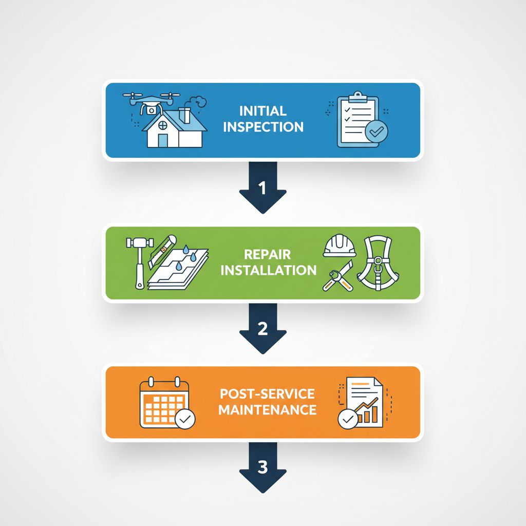 Vertical process flow diagram illustrating three key stages of professional roofing services in Vancouver: initial inspection, repair and installation, and post-service maintenance with relevant icons.