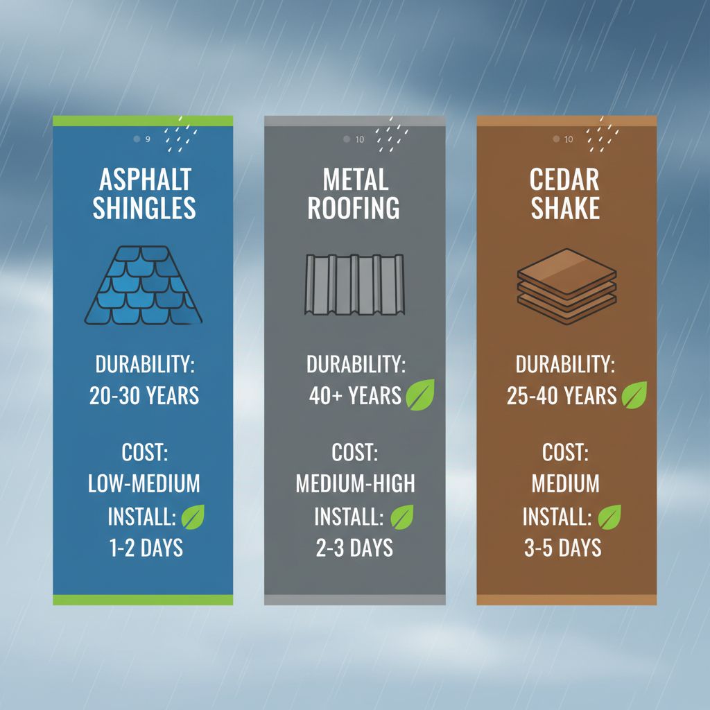 Infographic comparing asphalt shingles, metal roofing, and cedar shake materials for Vancouver's climate, including durability, cost, and installation times with icons and rain elements.