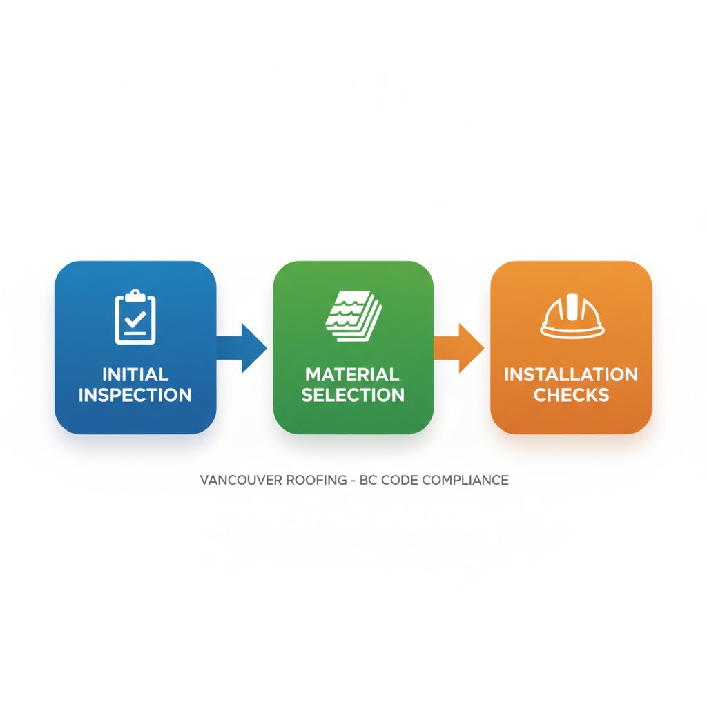 Horizontal process flow diagram illustrating three stages of a professional roofing project: initial consultation and inspection, material selection and preparation, installation and final checks.