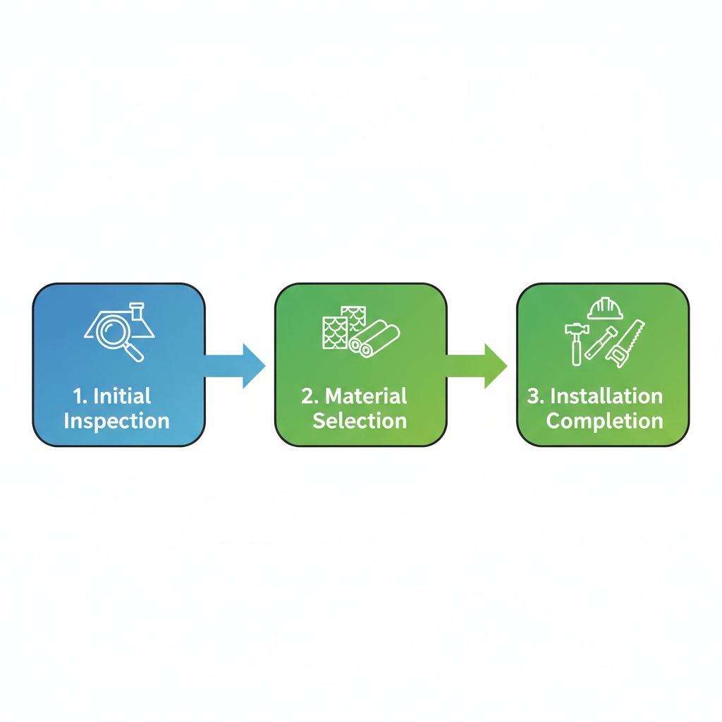 Horizontal process flow diagram showing three stages of Vancouver roofing projects: initial inspection, material selection, and installation completion.