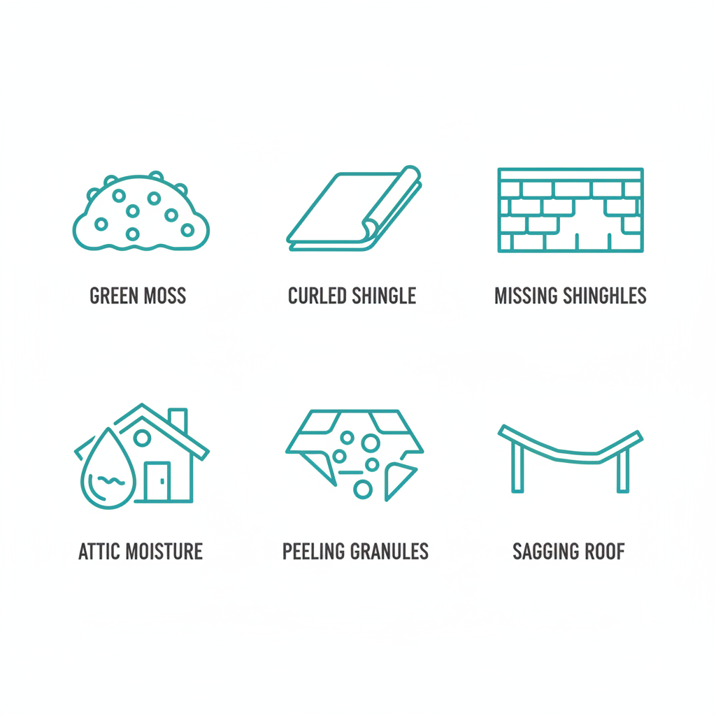Icon grid illustrating common roof damage signs in Vancouver's climate for safe assessment
