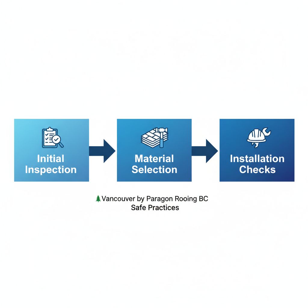Horizontal process flow diagram illustrating three stages of safe roof replacement in Vancouver: initial inspection and planning, material selection and removal, installation and final checks.