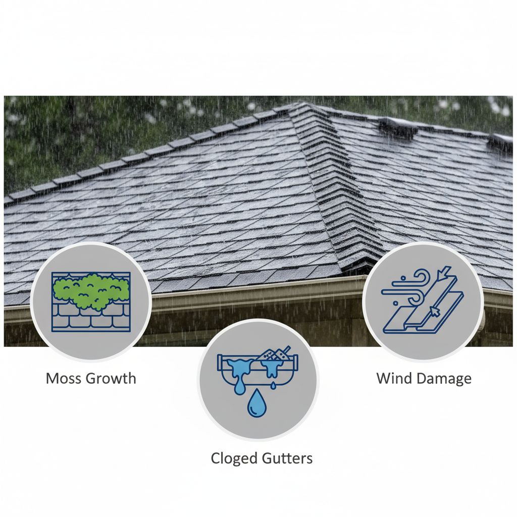 Infographic showing common Vancouver roofing problems like moss, clogged gutters, and wind damage on asphalt shingles.