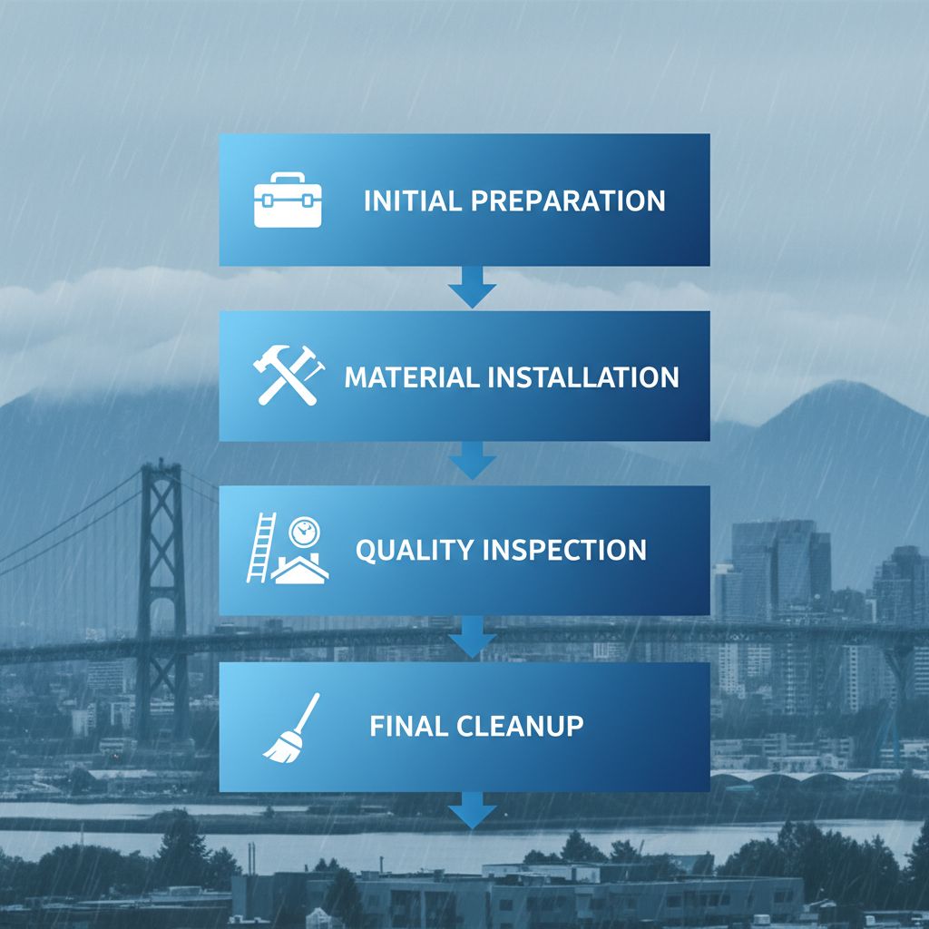 Illustration of four-stage roofing process in Vancouver: preparation with safety equipment, material installation, quality inspection, and final cleanup.