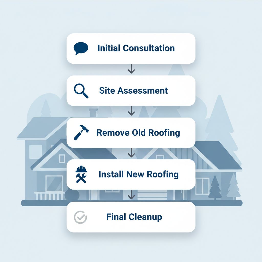 Vertical process flow diagram illustrating the five stages of professional residential roofing installation in Vancouver, including icons for consultation, assessment, removal, installation, and cleanup.