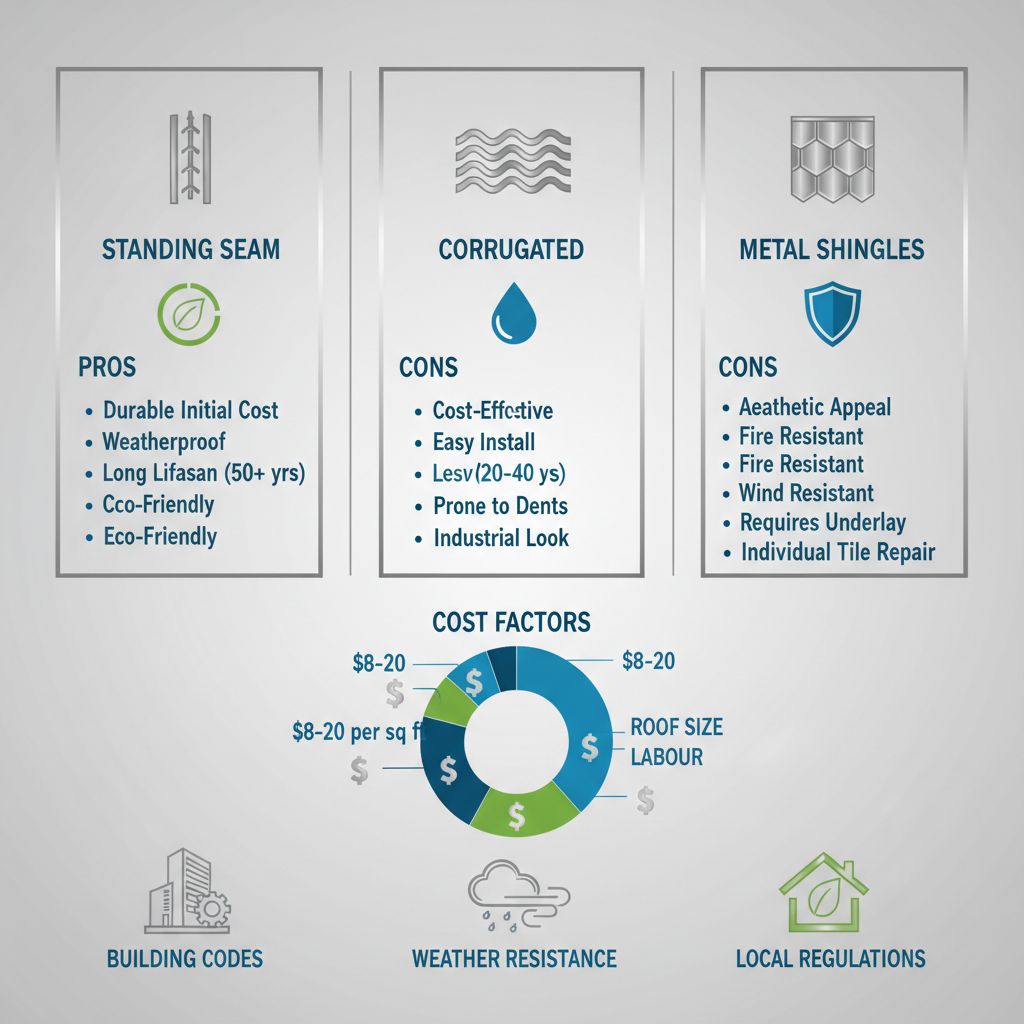 Infographic detailing metal roofing types, cost factors, and regulations for Vancouver's climate.