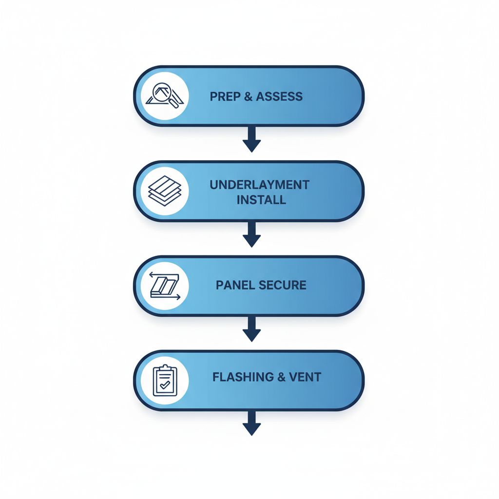 Vertical process flow diagram illustrating five stages of metal roof installation in Vancouver: preparation assessment, underlayment installation, panel securing, flashing ventilation, and final inspection.
