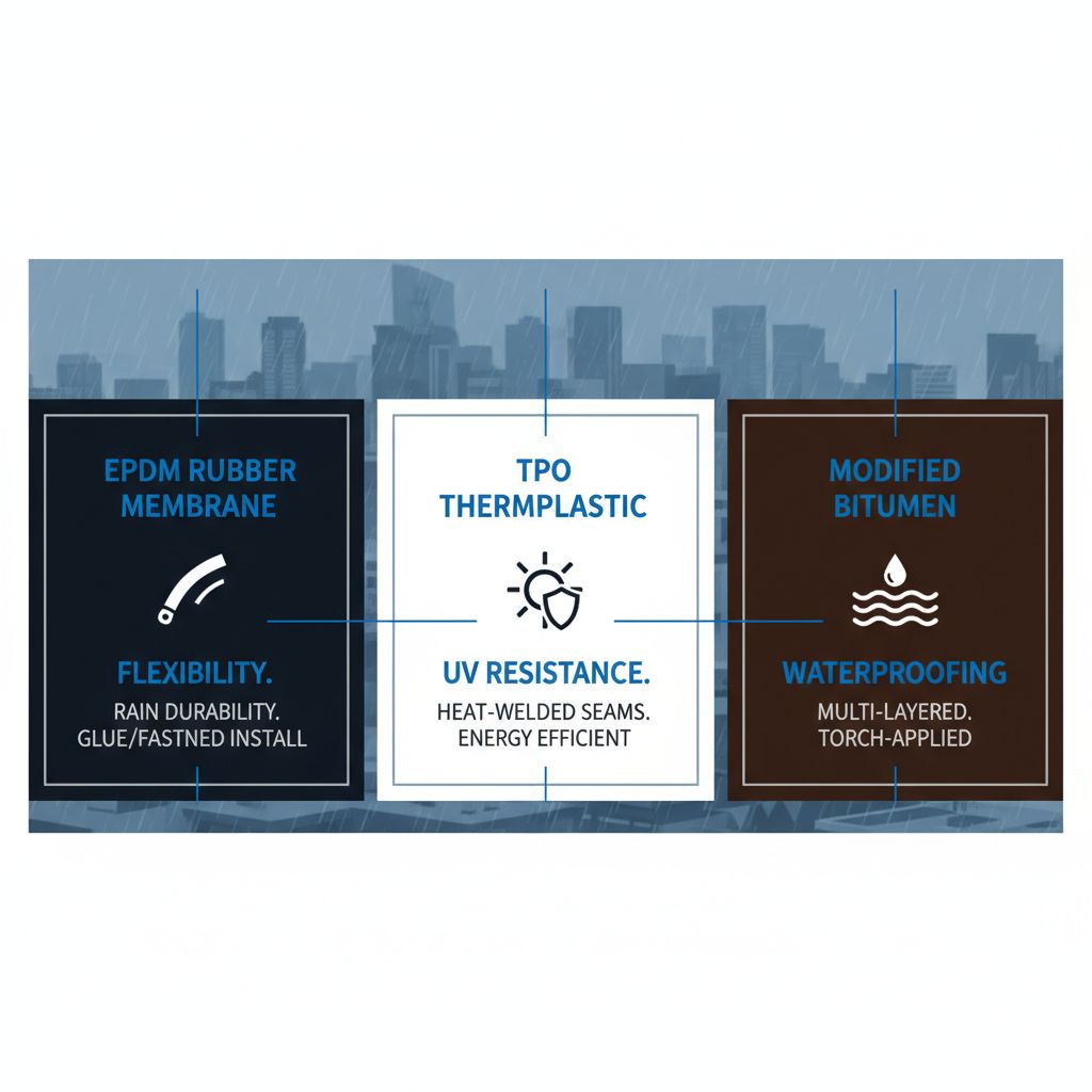 Infographic illustrating EPDM, TPO, and modified bitumen flat roof materials for Burnaby's wet climate with benefits and icons.