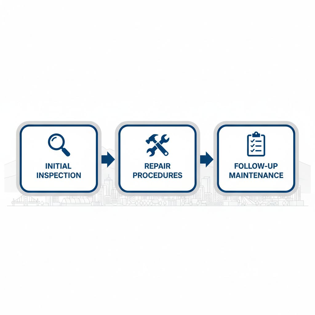 Horizontal process flow diagram illustrating three key stages of professional roofing services in Vancouver: inspection, repair, and follow-up.