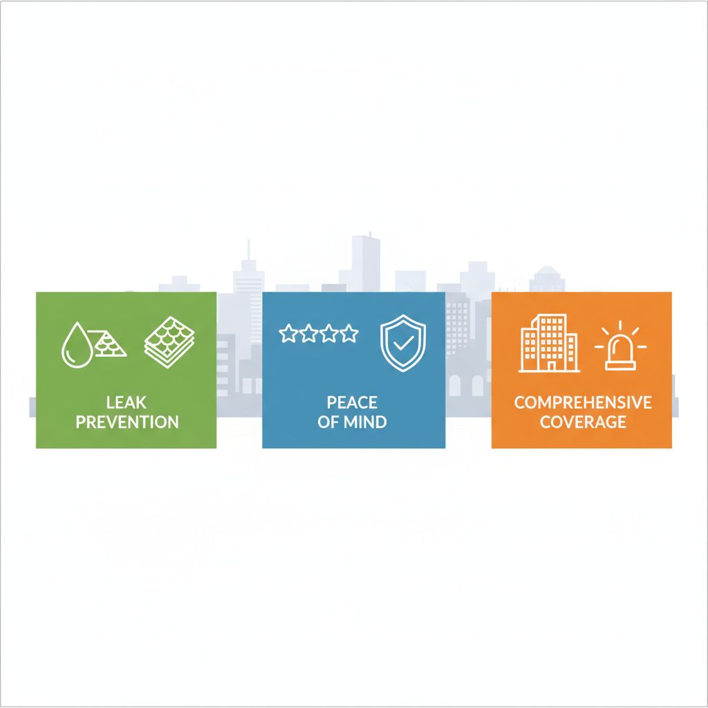 Infographic showing three key benefits of trusted roofing contractors: protection, peace of mind, and comprehensive coverage with icons in green, blue, and orange.