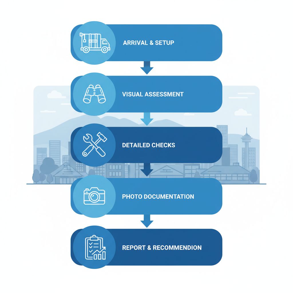 Vertical process flow diagram illustrating five stages of professional roofing maintenance in Vancouver with safety focus