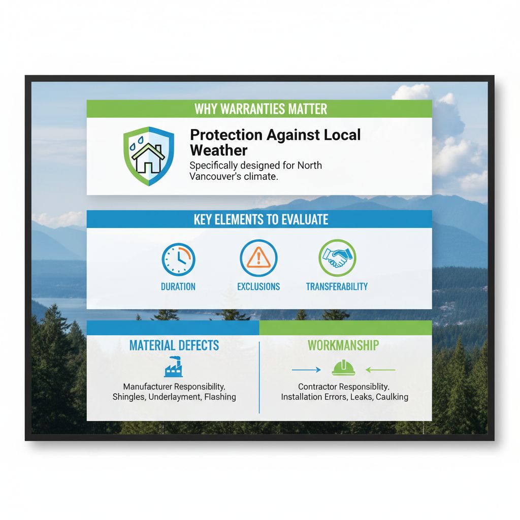 Infographic illustrating roofing warranties: why they matter with protective shield, key evaluation elements with icons, and defects versus workmanship diagram.
