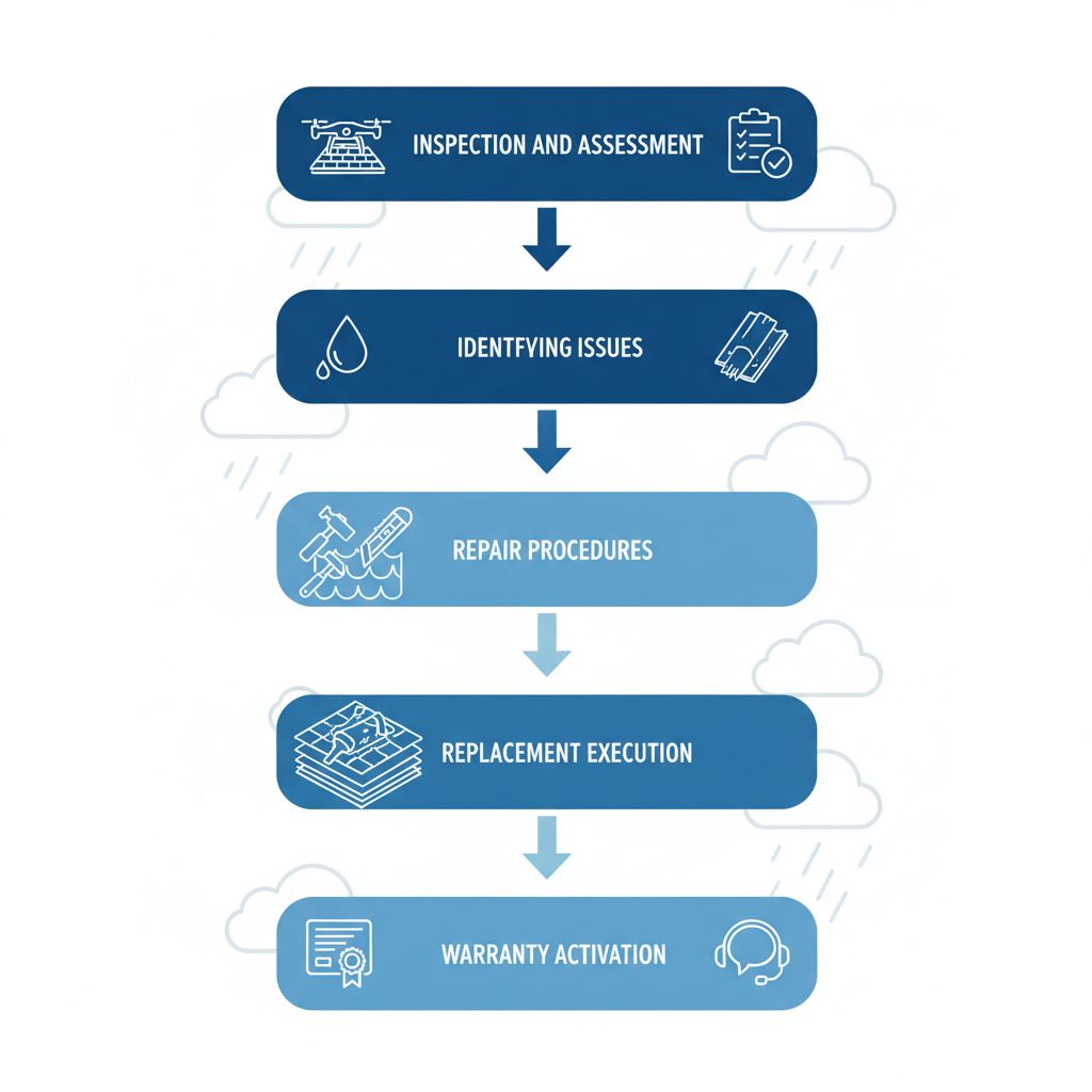 Vertical process flow diagram illustrating the five stages of professional roofing services from inspection to warranty support.