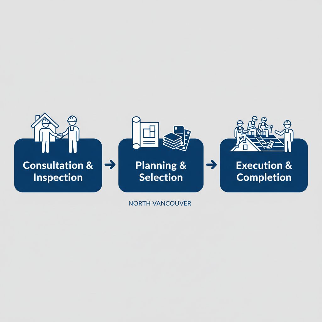 Horizontal process flow diagram illustrating three stages of roofing projects: consultation, planning, and execution in North Vancouver.