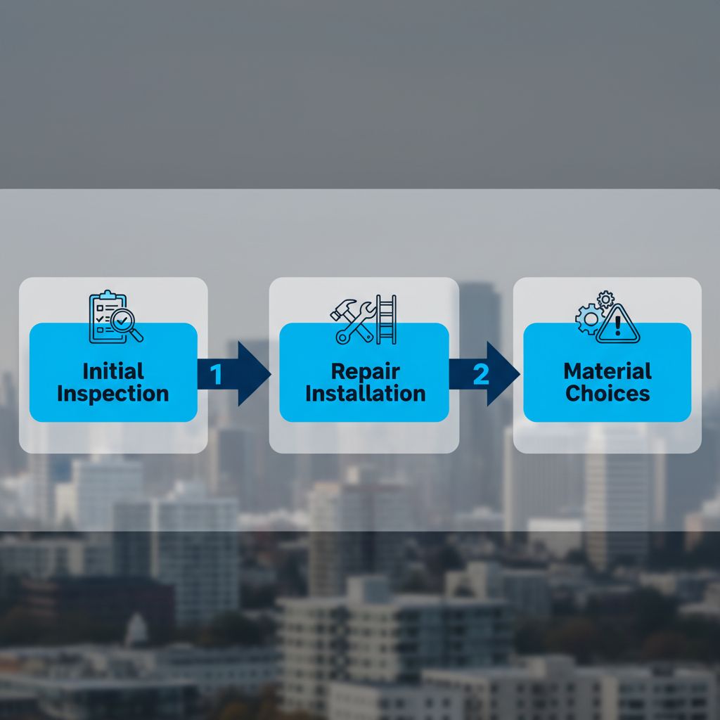 Horizontal process flow diagram showing three stages of commercial roofing: initial inspection, repair and installation, and material choices with icons.