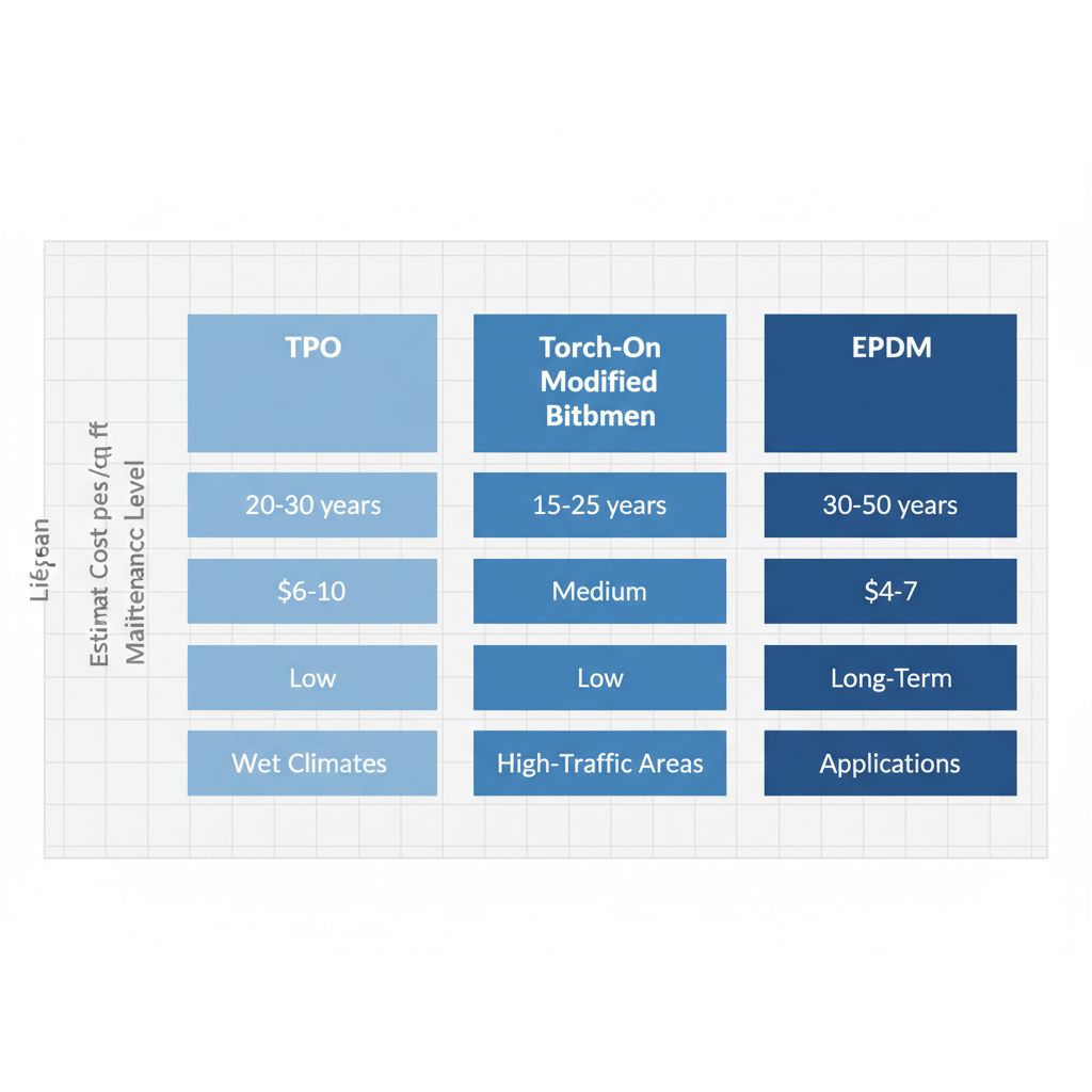 Comparison chart of TPO, Torch-On Modified Bitumen, and EPDM commercial flat roofing materials including lifespan, cost, maintenance, and best applications.