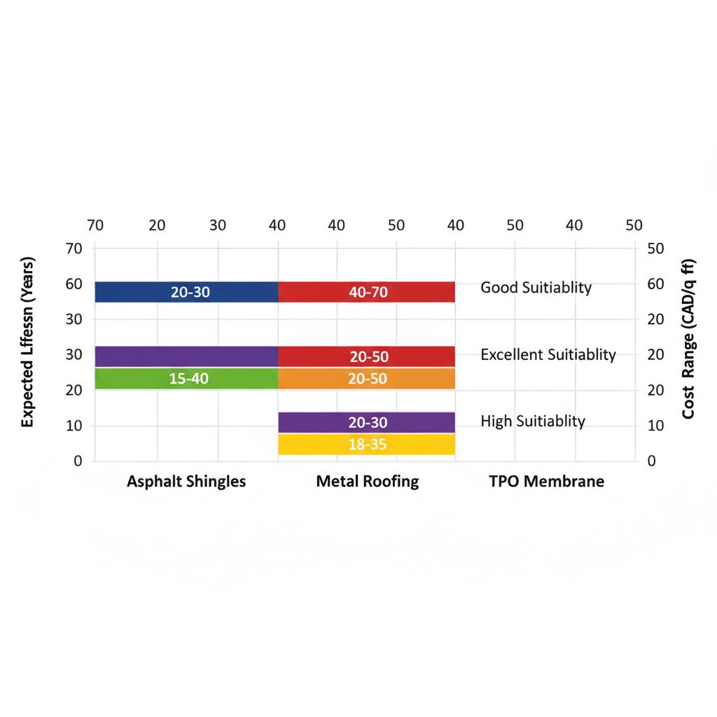 Horizontal bar chart comparing lifespan and cost of asphalt shingles, metal roofing, and TPO membrane for Vancouver's climate.