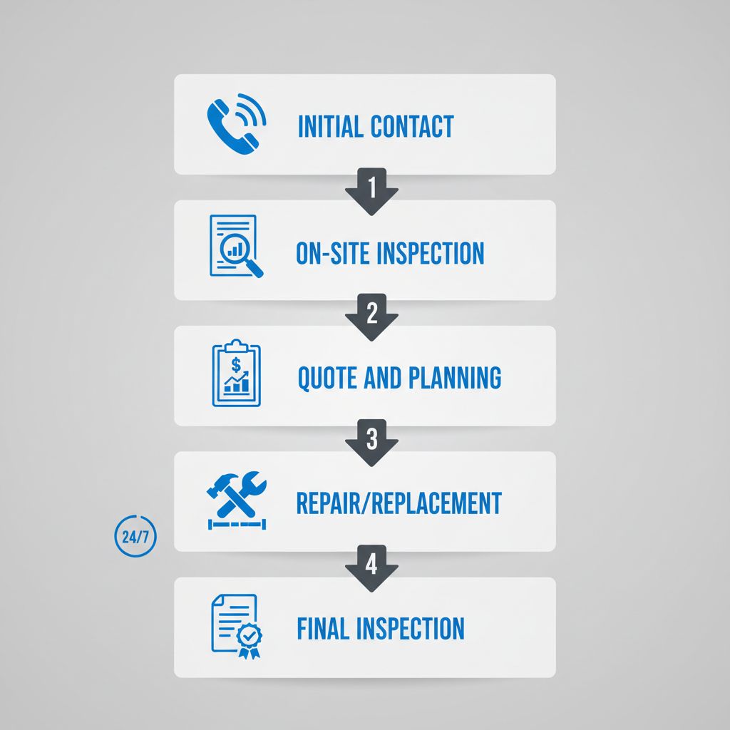 Vertical process flow diagram showing five stages of professional roofing services: initial contact, on-site inspection, quote and planning, repair execution, and final inspection.