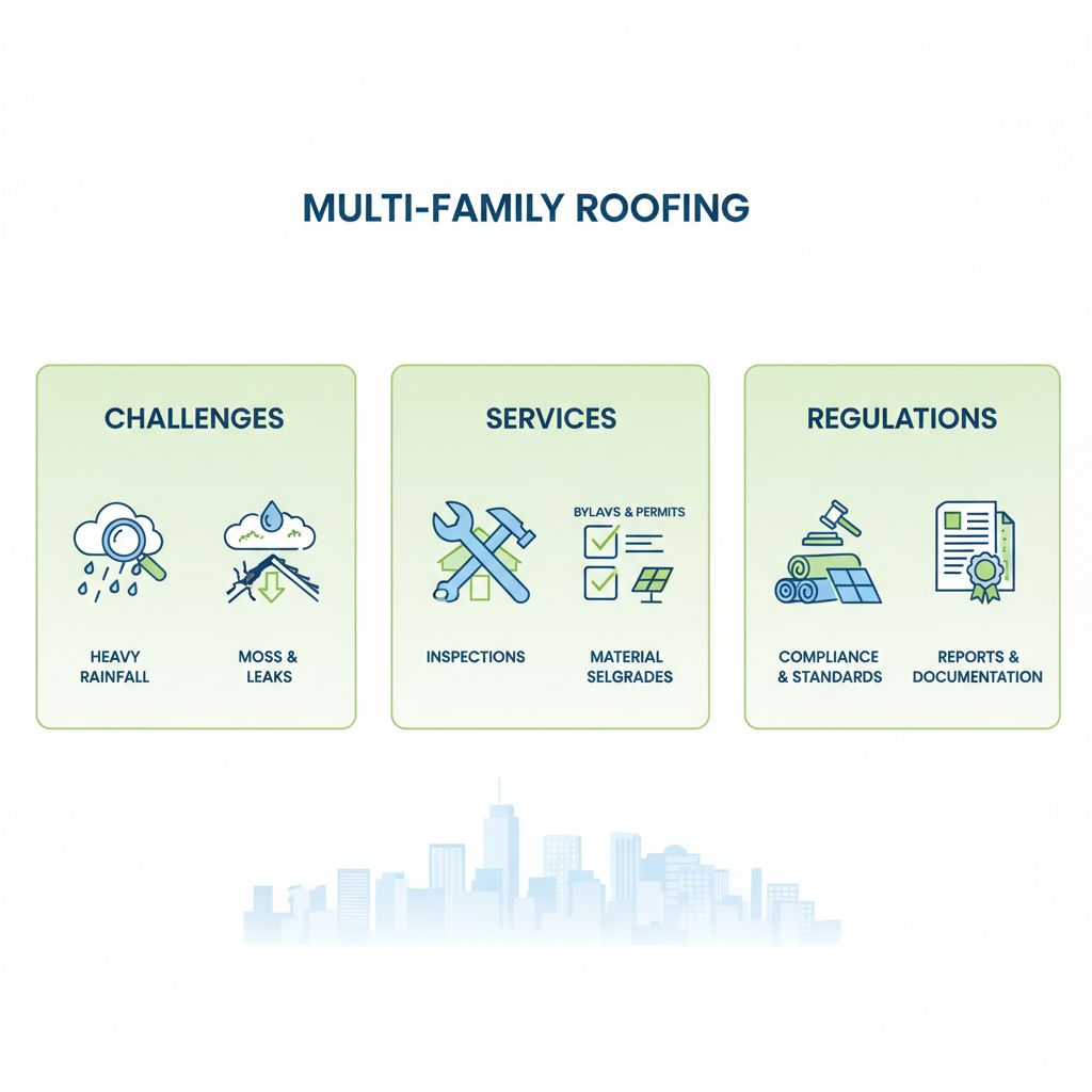 Infographic showing challenges, essential services, and regulatory considerations for multi-family roofing in Vancouver with icons and minimal labels.