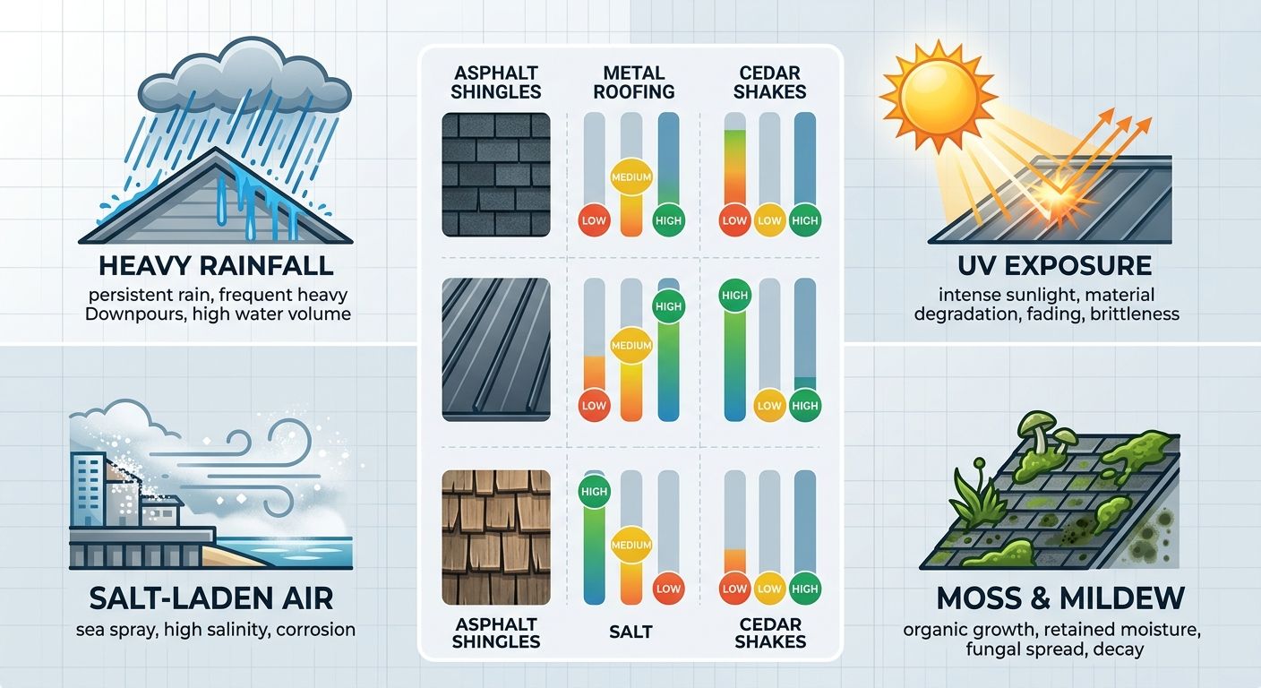 Infographic illustrating how Delta's coastal climate with four zones (rainfall, salt air, UV, moss) affects durability of asphalt, metal, and cedar roofing materials