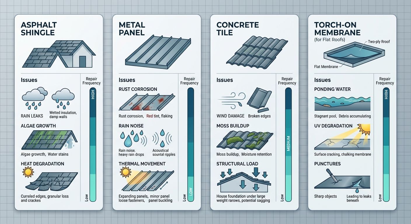 Infographic comparing four roof types: Asphalt Shingles, Metal Roofing, Flat Roof, Cedar Shakes, with climate issues and repair frequency indicators.
