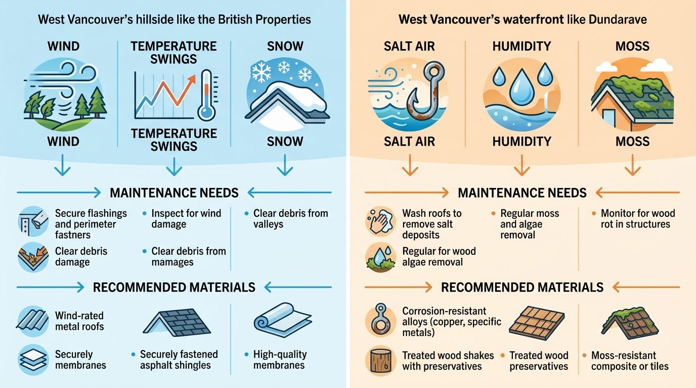 Comparison infographic of roofing considerations for hillside and waterfront areas of West Vancouver, with icons and maintenance tips.