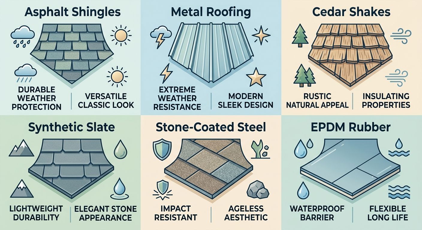 Infographic showing six common roofing materials for Delta's coastal climate with labels for weather resistance and aesthetic appeal.
