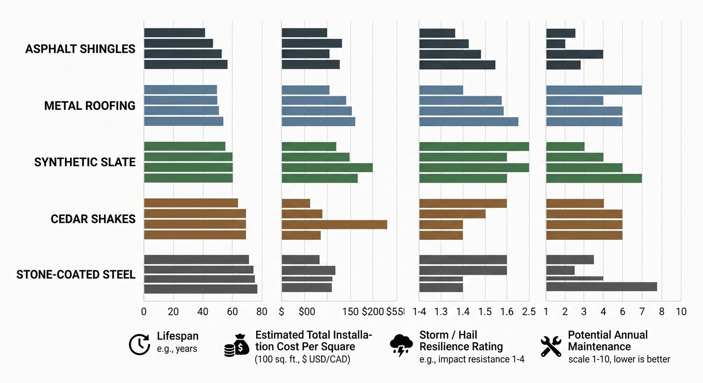 Grouped horizontal bar chart comparing five roofing materials across climate suitability, lifespan, cost, and maintenance levels
