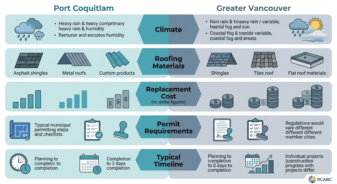 Infographic comparing Port Coquitlam and Greater Vancouver roofing considerations across climate, materials, cost, permits, and timeline with icons and RCABC logo