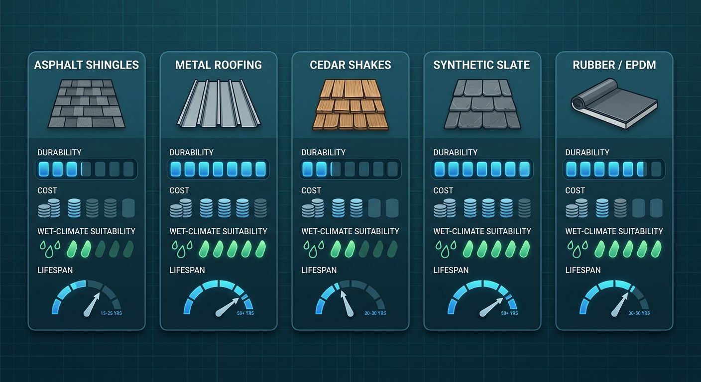 Infographic comparing five roofing materials for wet climate with durability, cost, suitability, and lifespan metrics.