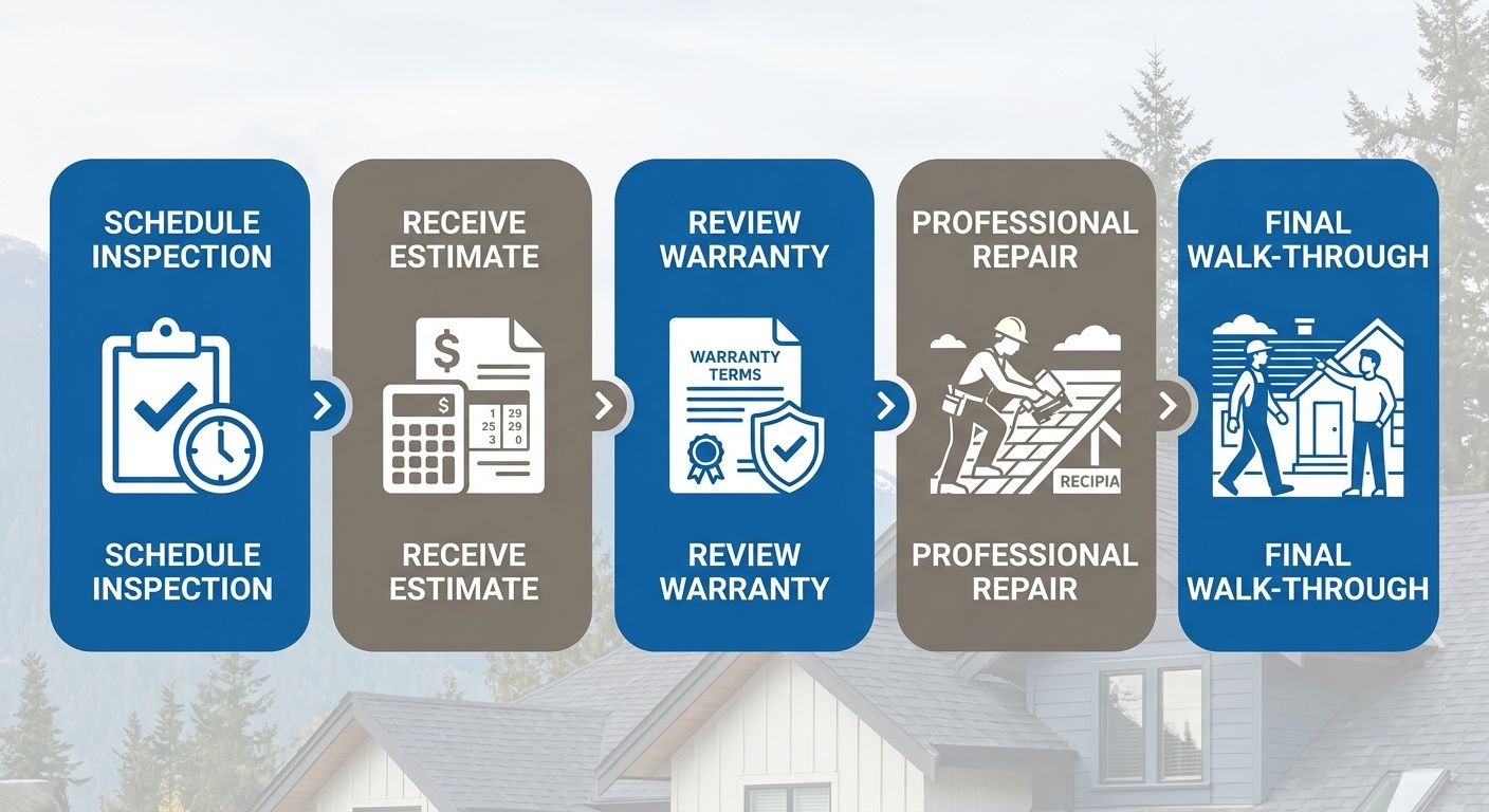 Five-step horizontal process flow for roof repair services by Paragon Roofing BC in Port Coquitlam.