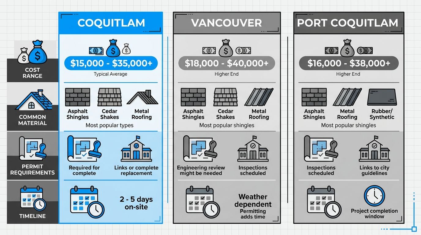 Comparison infographic of roof replacement aspects for Coquitlam, Vancouver, and Port Coquitlam