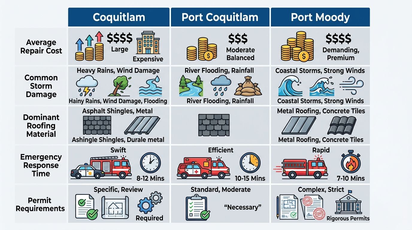 Comparison infographic for roofing services across Coquitlam, Port Coquitlam, and Port Moody with rows for repair cost, storm damage, materials, response time, and permits.