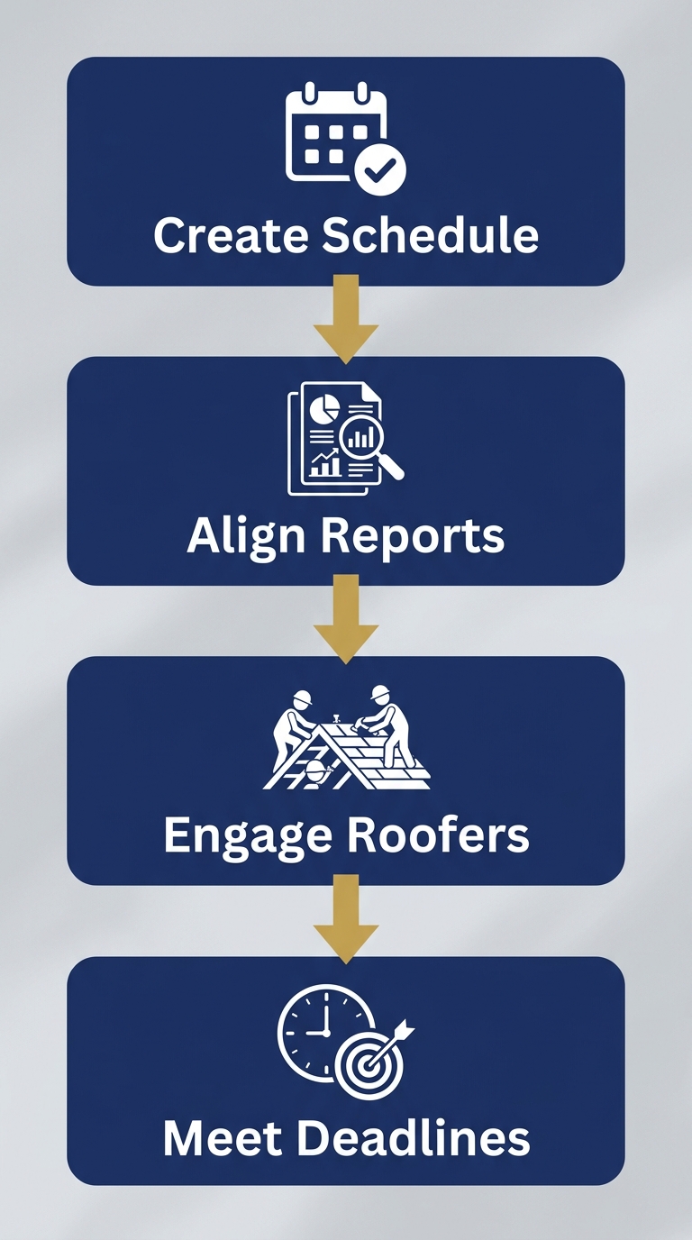 Process flow diagram showing four stages of a proactive strata roof maintenance plan: Create Inspection Schedule, Align with Depreciation Reports, Engage Professional Roofers, Meet Report Deadlines, connected by arrows, in navy blue, gold, and grey.