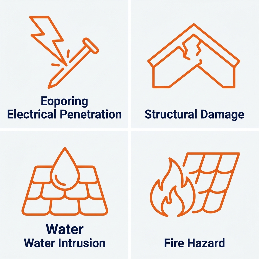 Infographic showing four roofing safety hazards: electrical penetration, structural damage, water intrusion, and fire hazard, with icons and labels.