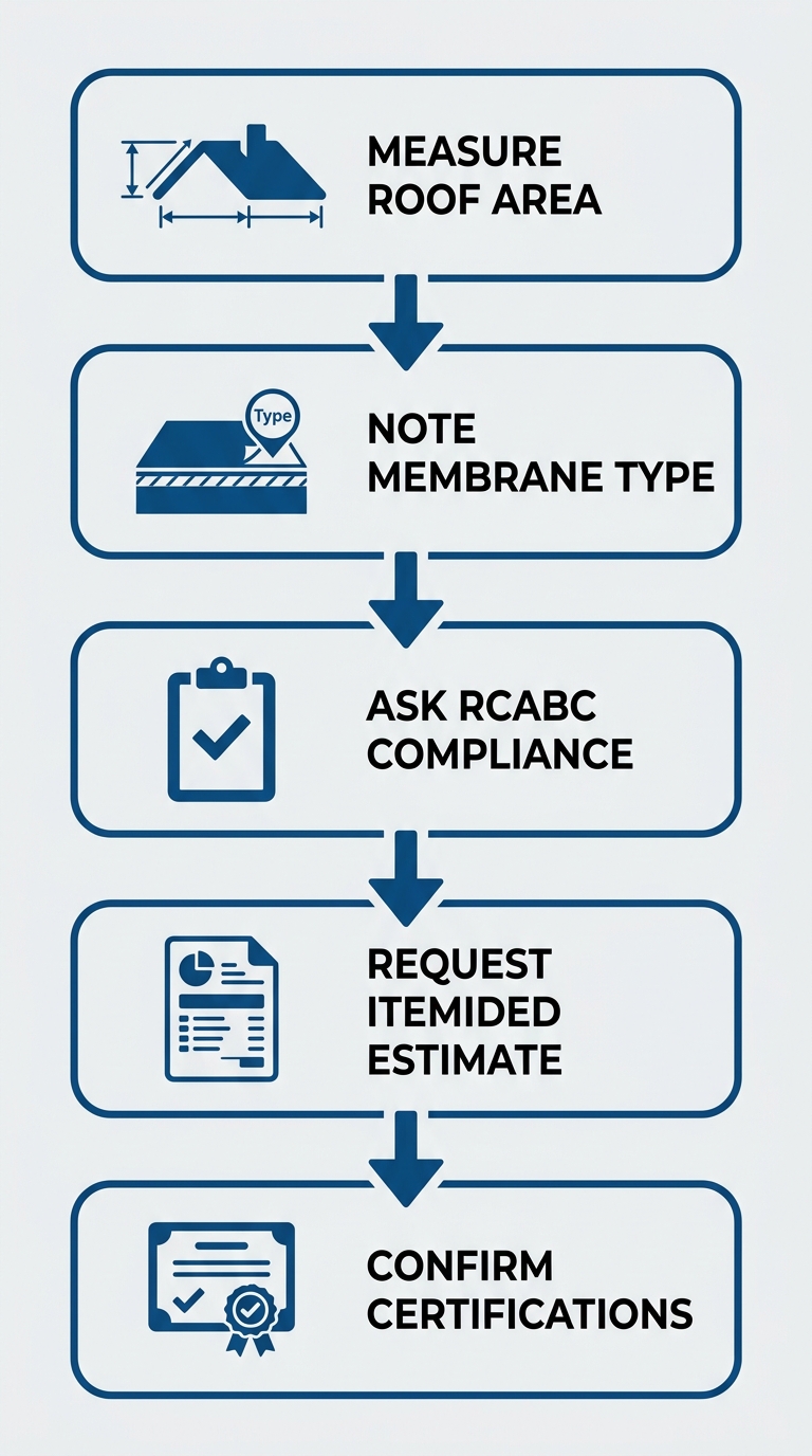 Vertical process flow diagram illustrating five steps to get an accurate flat roof repair estimate from Paragon Roofing BC