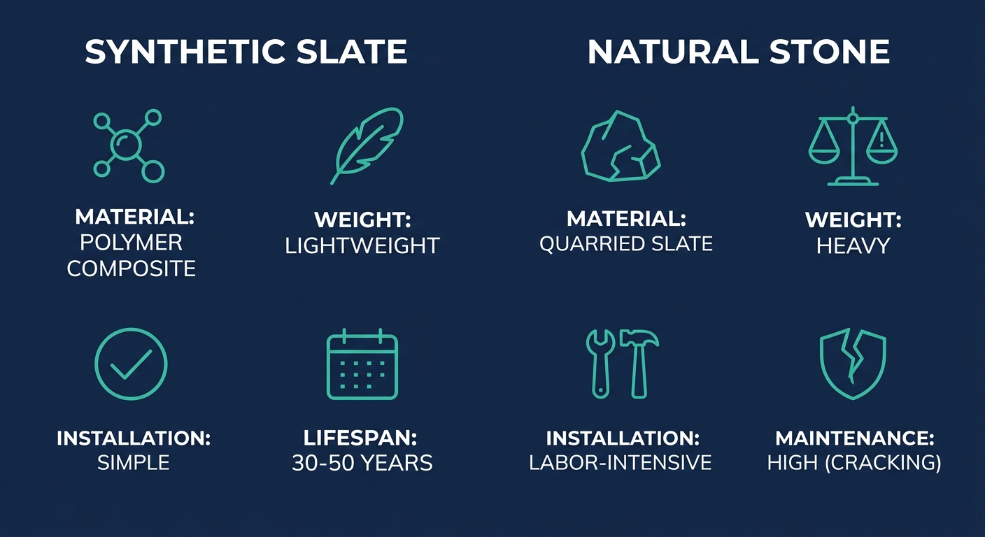 Comparison infographic: Synthetic Slate versus Natural Stone, showing four attributes each with icons and labels.