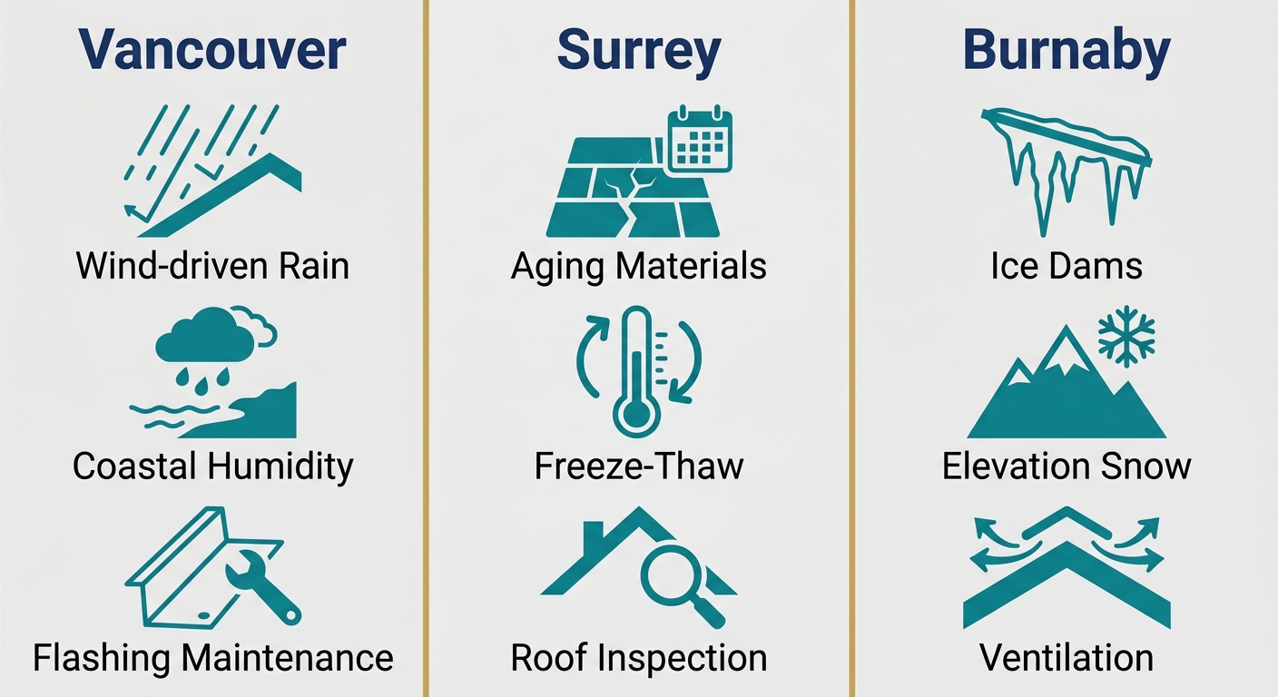 Infographic comparing roof leak risks in Vancouver, Surrey, and Burnaby with icons and labels for each area.